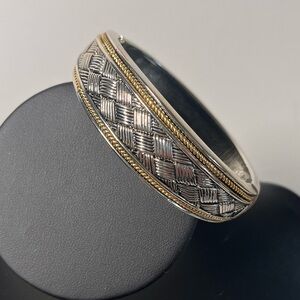 Vintage hinged bangle bracelet silver-tone basket weave design gold-tone accents